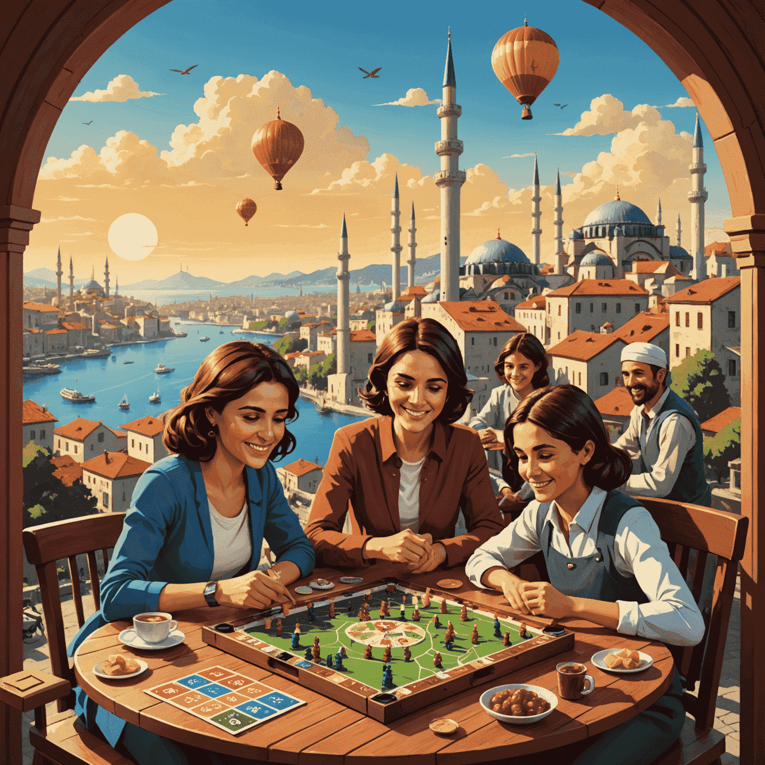 Türk ailesi masa etrafında neşeyle Catan oynuyor. Arka planda İstanbul manzarası görünüyor.