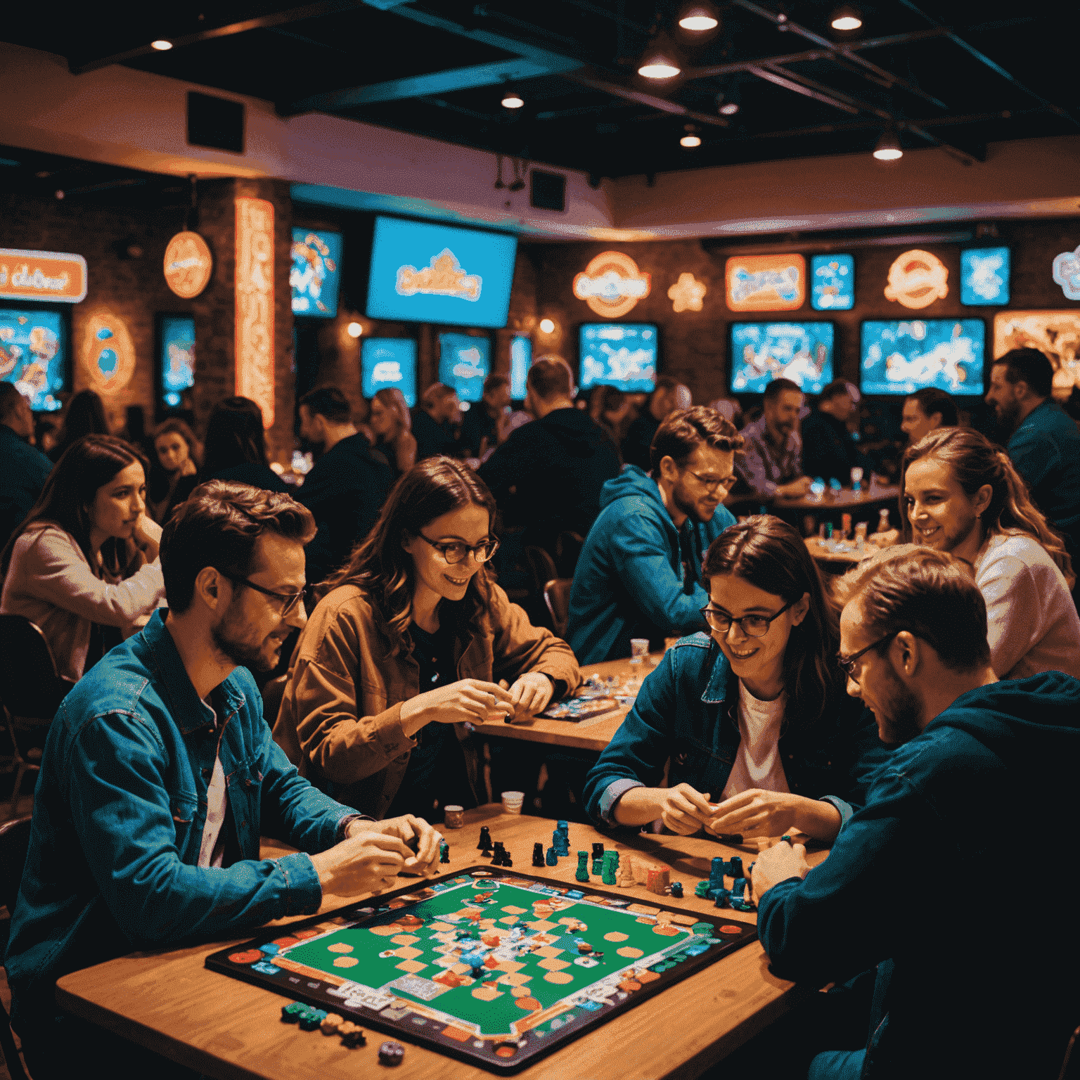 Boardaga'nın son oyun gecesi etkinliğinden bir görüntü. Masalarda oturan insanlar, renkli masa oyunları oynuyor. Arka planda neon ışıklar ve heyecanlı bir atmosfer var.