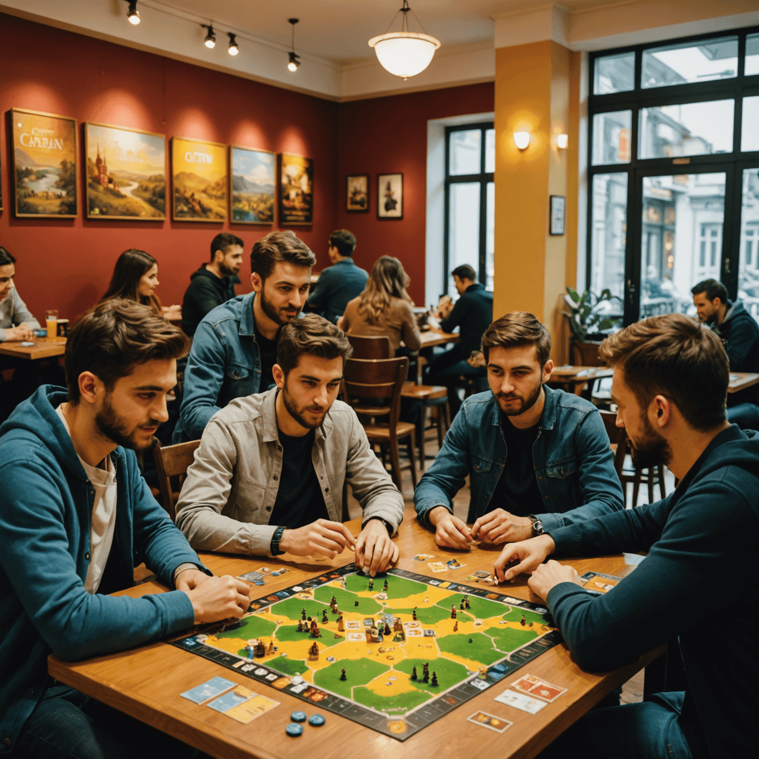 İstanbul'da bir masa oyunu kafesinde gençler heyecanla oyun oynuyor. Masada Catan, Dixit ve Pandemic oyunları görünüyor.
