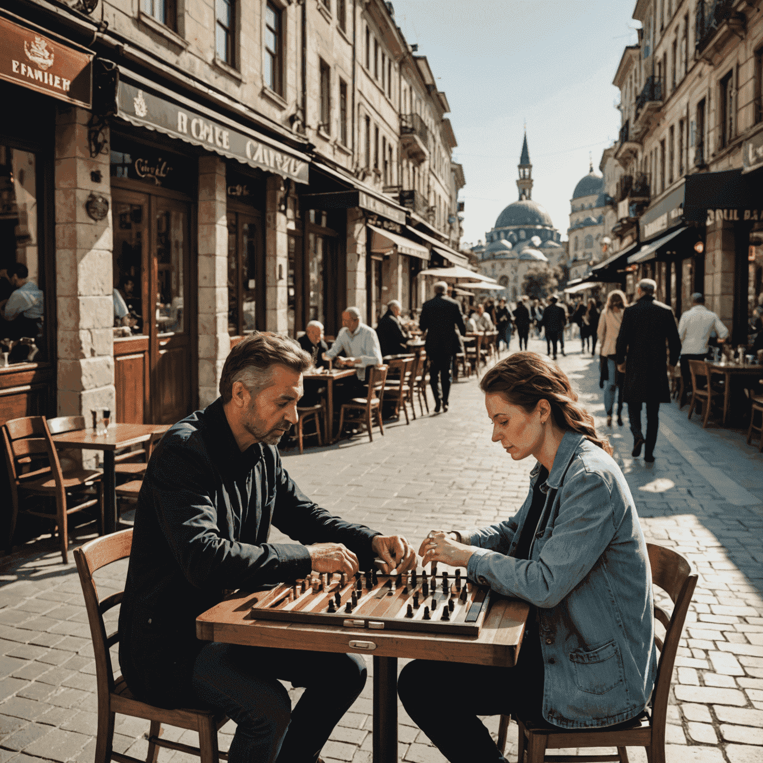 İki kişi bir kafe terasında tavla oynarken. Arka planda İstanbul manzarası görünüyor.