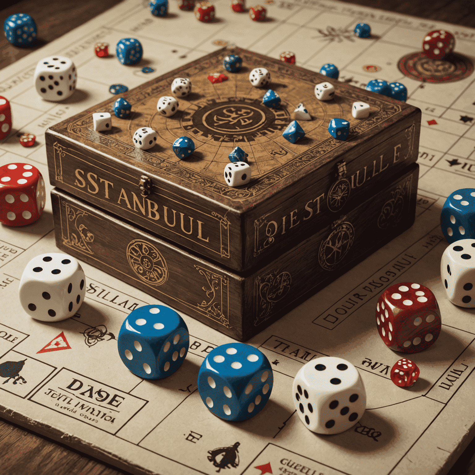 Istanbul - The Dice Game'in oyun kutusu, zarları ve oyun tahtasının yakın çekimi