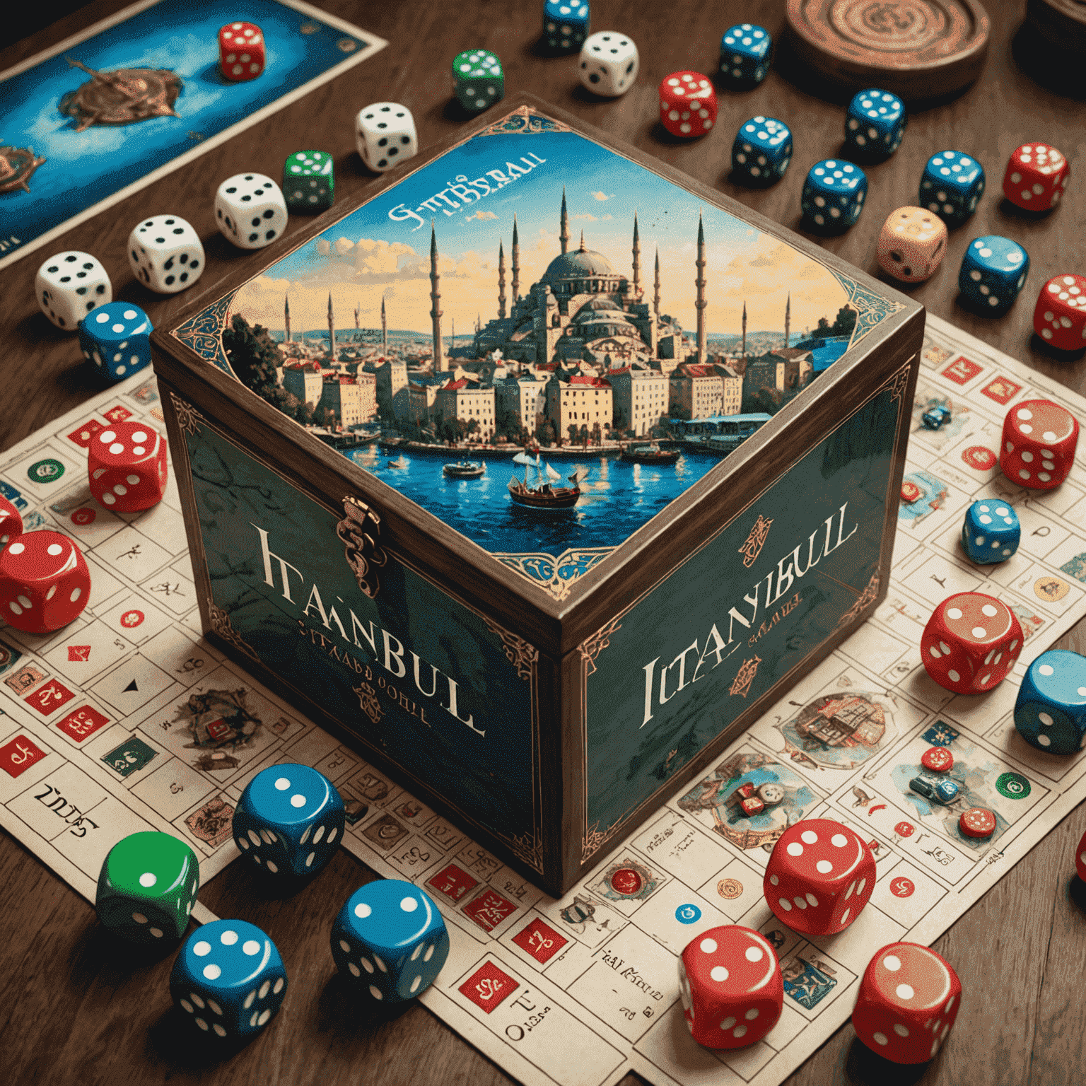 İstanbul - The Dice Game'in kutu görseli, oyun tahtası ve renkli zarları gösteriliyor